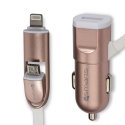 4SMARTSMULTICACROSE - Chargeur allume cigare avec prise USB connecteur MicroUSB et Lightning rose or