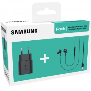 Pack Samsung Chargeur secteur rapide 25W USB-C + kit piéton AGK  intra-auriculaire USB-C