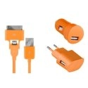 COLORB3EN1ORANGE - pack 3 en 1 chargeur secteur et allume cigare câble Micro-USB + iPhone 4s coloris orange
