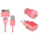 COLORB3EN1ROSE - pack 3 en 1 chargeur secteur et allume cigare câble Micro-USB + iPhone 4s coloris rose